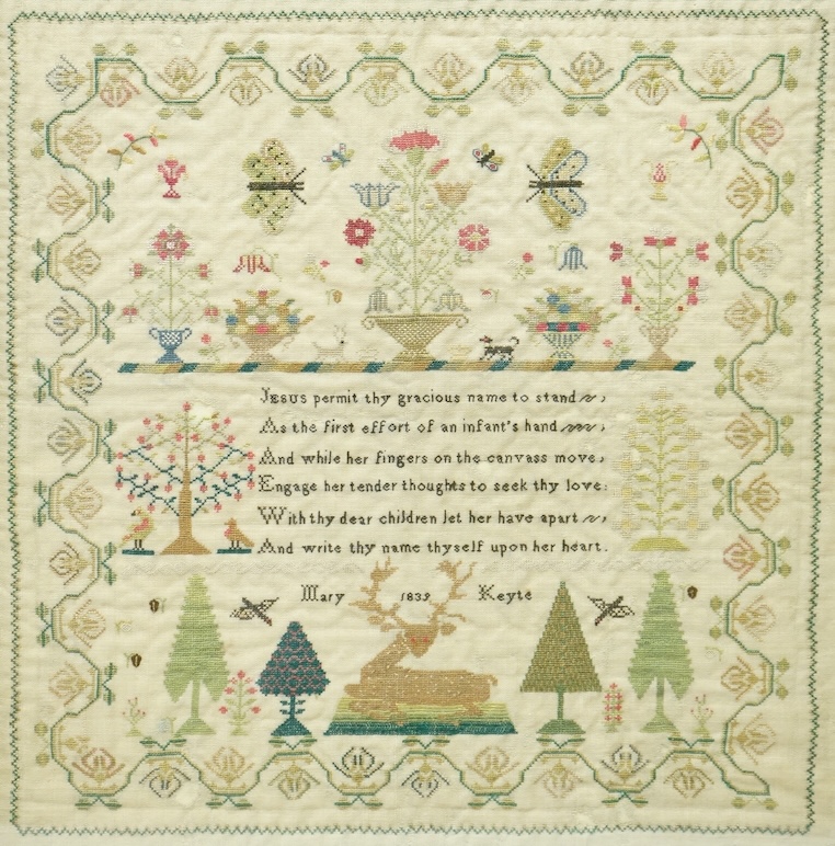 Two Victorian samplers. One ornately worked by Mary Keyte dated 1839 with butterflies, deer, dogs, birds, trees and flowers, the other by Mary A Winnell, (undated), worked with a large motif of High Street Chapel Halstea